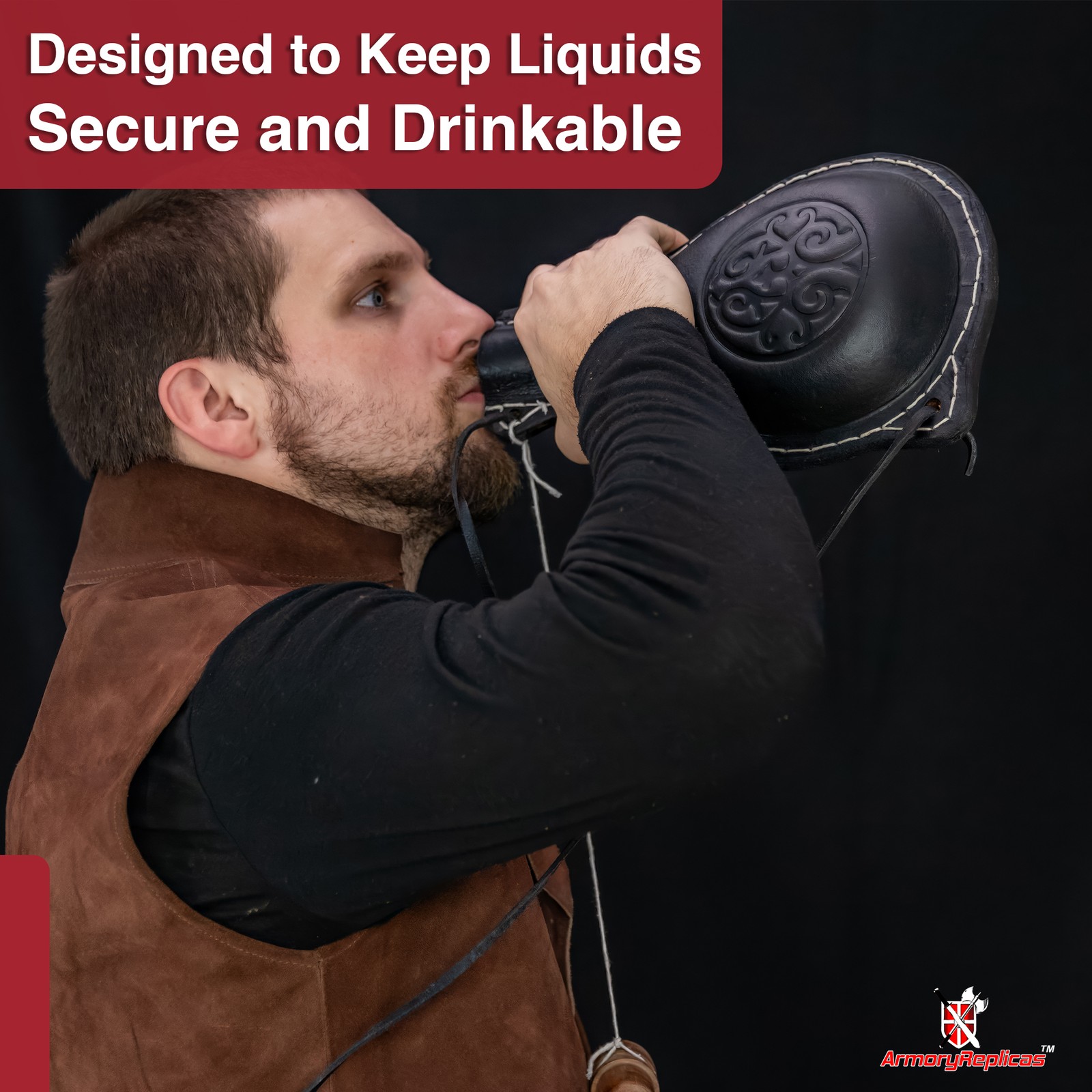 Teardrop Leather Adventure Canteen with Celtic Emblem – 40oz Historical Prop