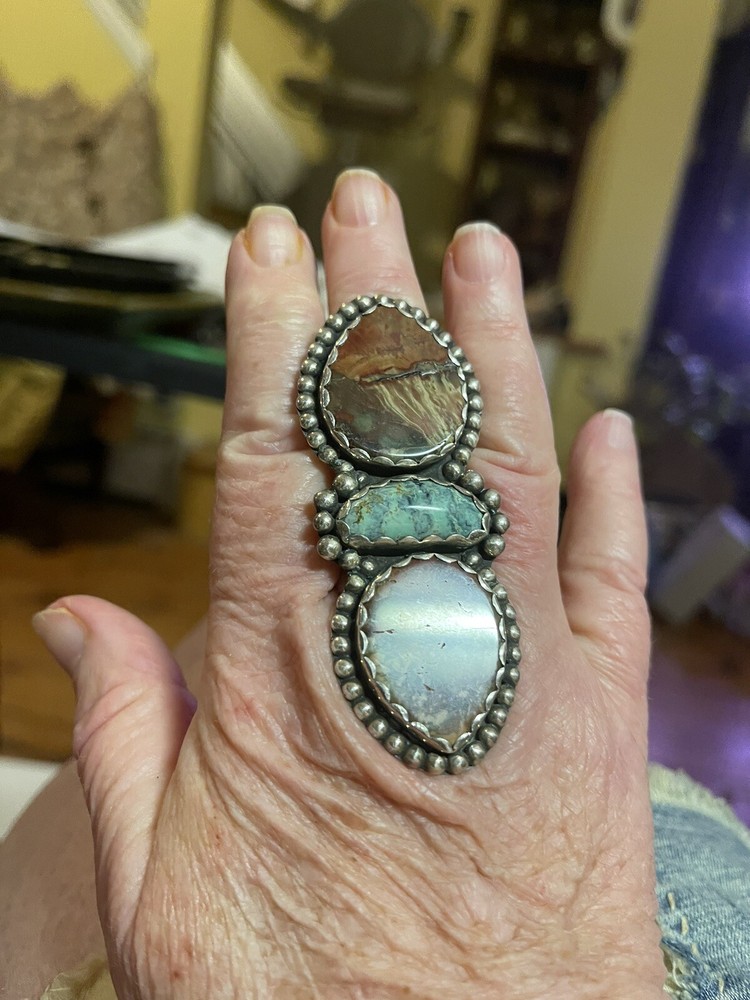 Artisan Sterling Silver Ring, Agate & Turquoise Signed, Free Shipping