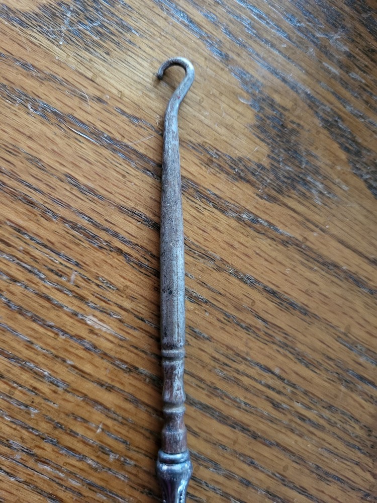 Rare 7" Antique Silver Handle Button Hook Leather Manicure Tool