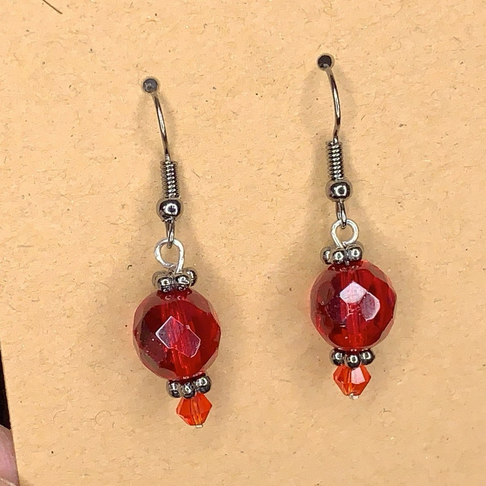 Handmade Red Silver Beaded Dangle Earrings Boho Goth Hook Style Back Bohemian