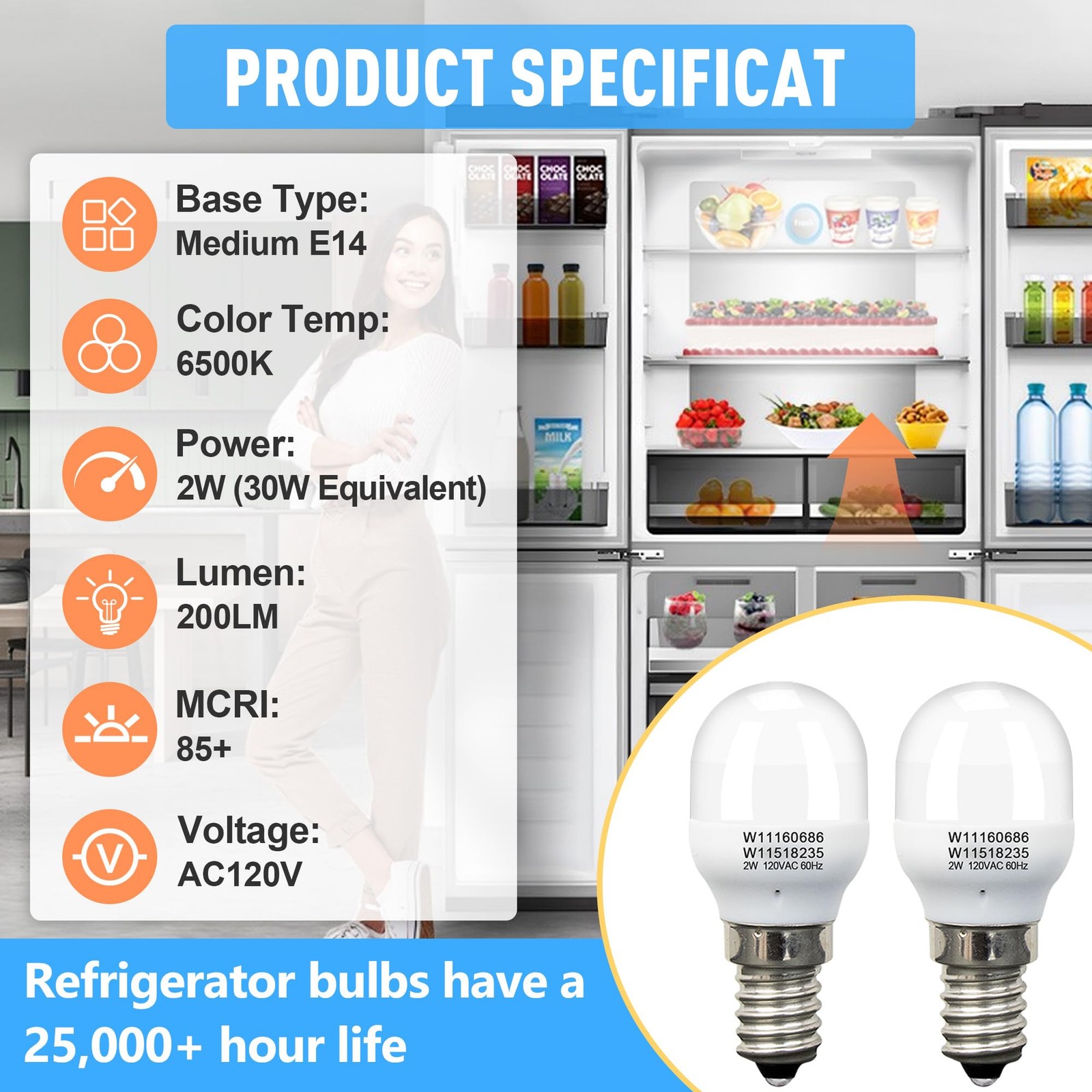 2Pcs W11518235 W11160686 Freezer Light Bulb Replacement for Whirlpool 2 Pack