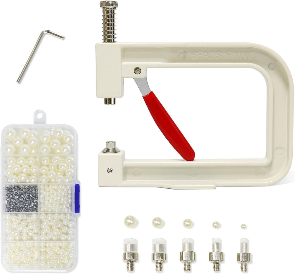 Pearl Setting Machine, Pearl Hand Press Tools with White Pearl Beads, Rivet Stud