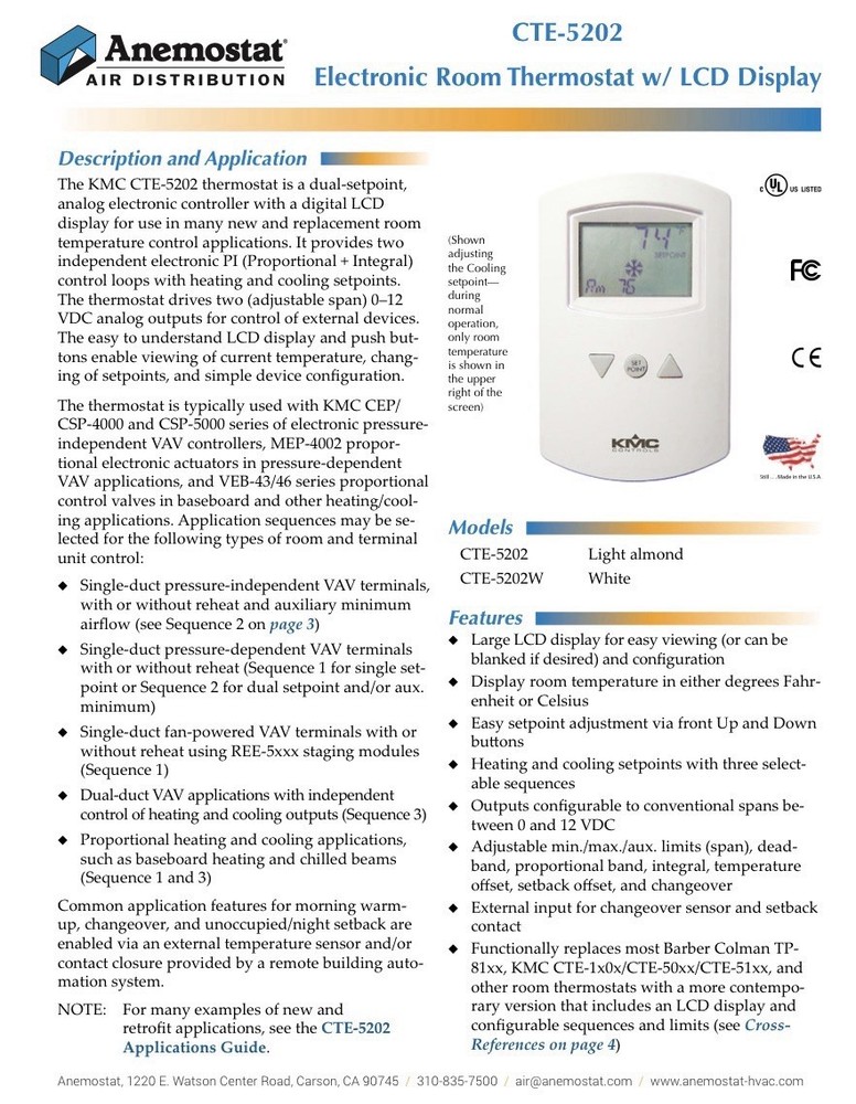 KMC Controls CTE-5202, dual-setpoint, analog electronic room thermostat
