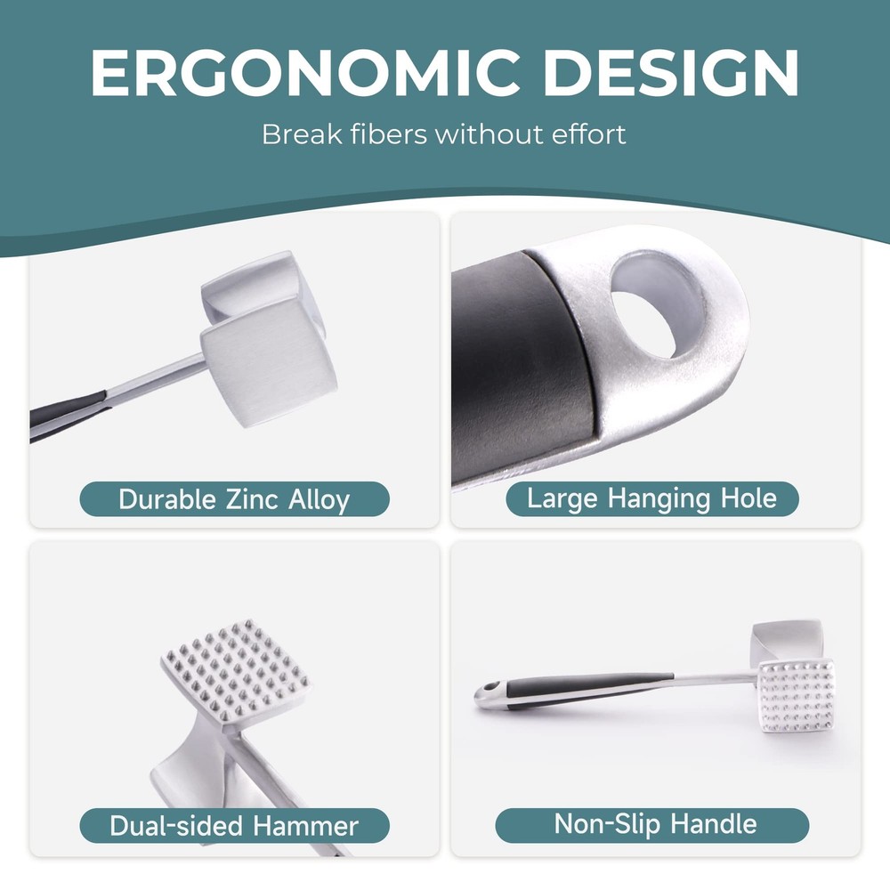 Meat Tenderizer Hammer with Comfortable-Grip Handle, Dual-side Mallet for Kit...