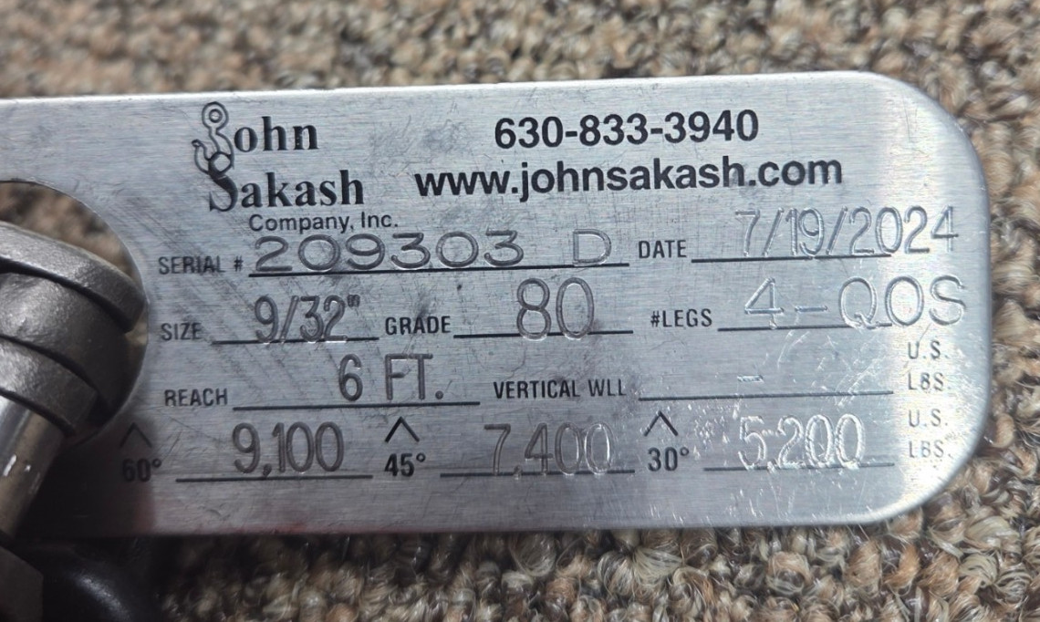 John Sakash 6’ reach 9/32” Grade 80 QOS 4 Legged Lifting Sling CM USA made Chain