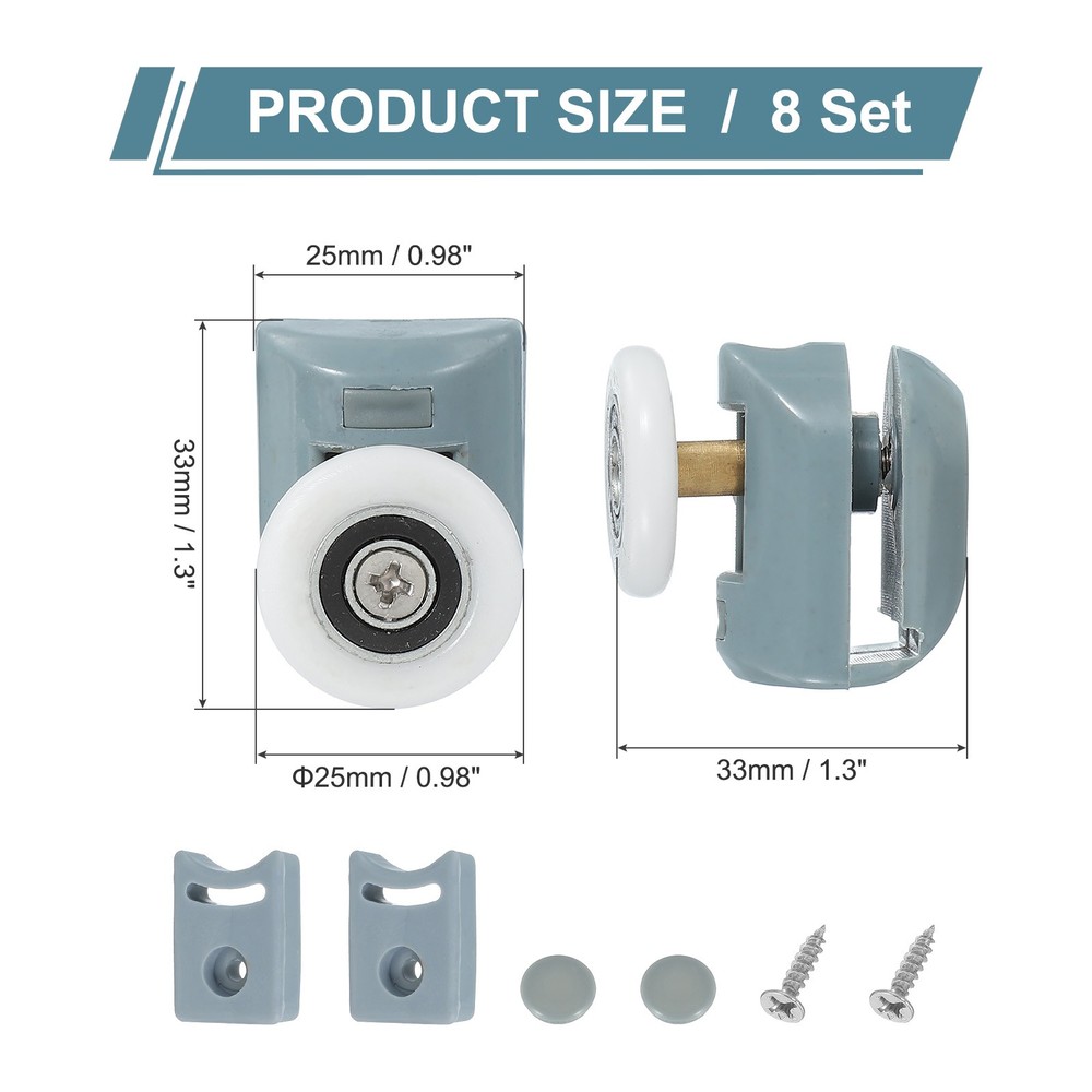 8Pcs 25mm Single Shower Door Rollers Plastic Top Wheels Pulleys Guide Grey