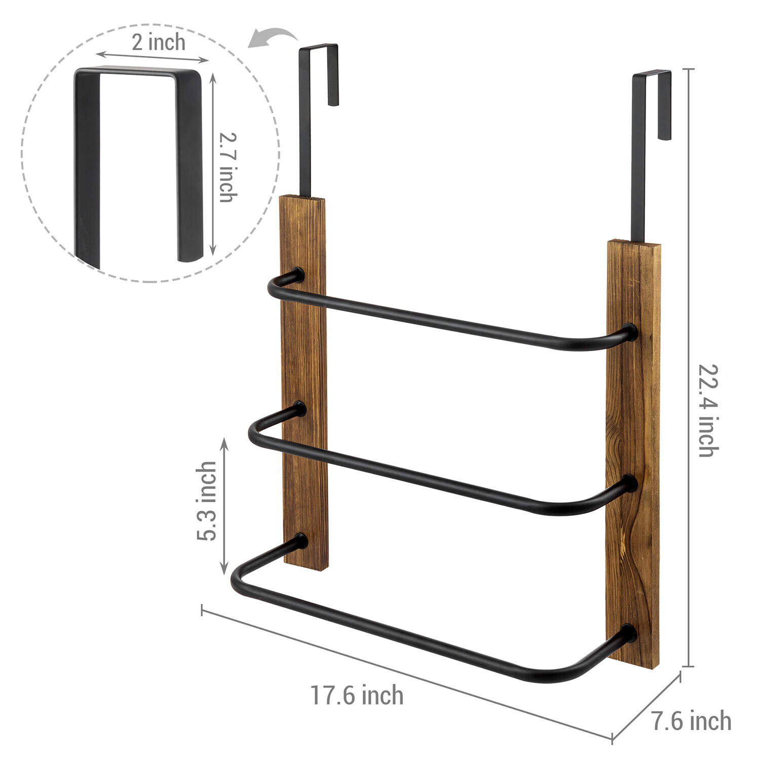 3 Tier Wood Matte Black Metal Space Saving Bathroom Door Hanging Towel Bar Rack