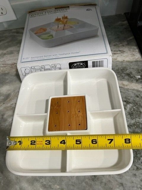 White Essentials Bamboo Collection 8.25" Sectioned Server With Toothpick Holder