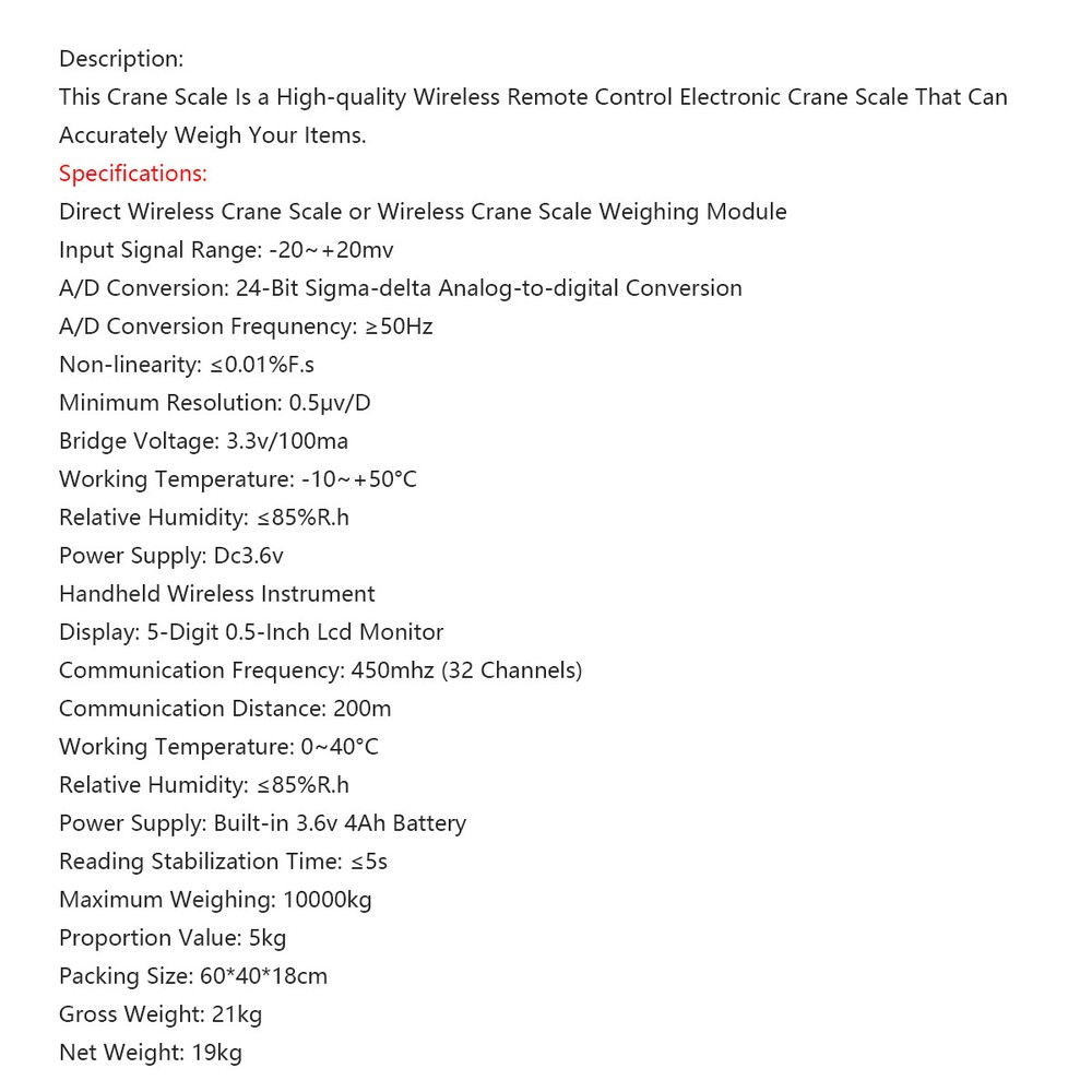 10T Wireless Remote Digital Electronic Hanging Crane Scale with Handheld Meter