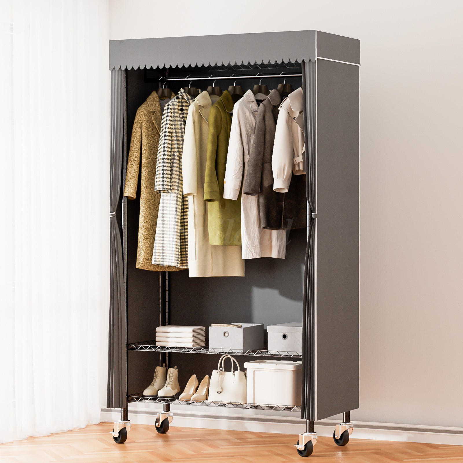 3 Tiers Heavy Duty Rolling Garment Rack with Wheels, Adjustable Shelf, Bedroom