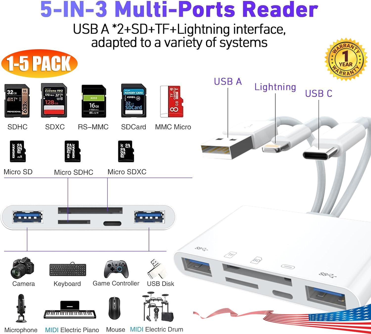5 in 1 Memory Card Reader USB 3.0 OTG Adapter SD Card Reader For iPhone/iPad LOT