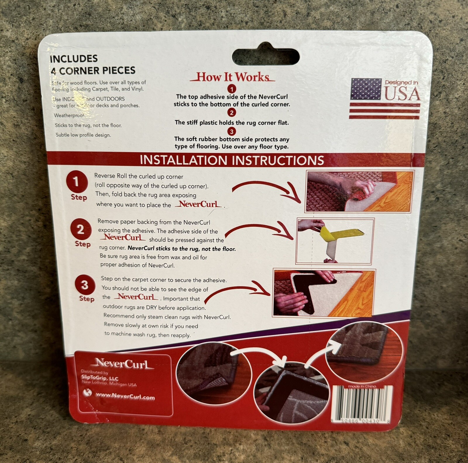 4 Piece Never Curl Rug Gripper Corners No Slip Indoor Outdoor NEVERCURL New