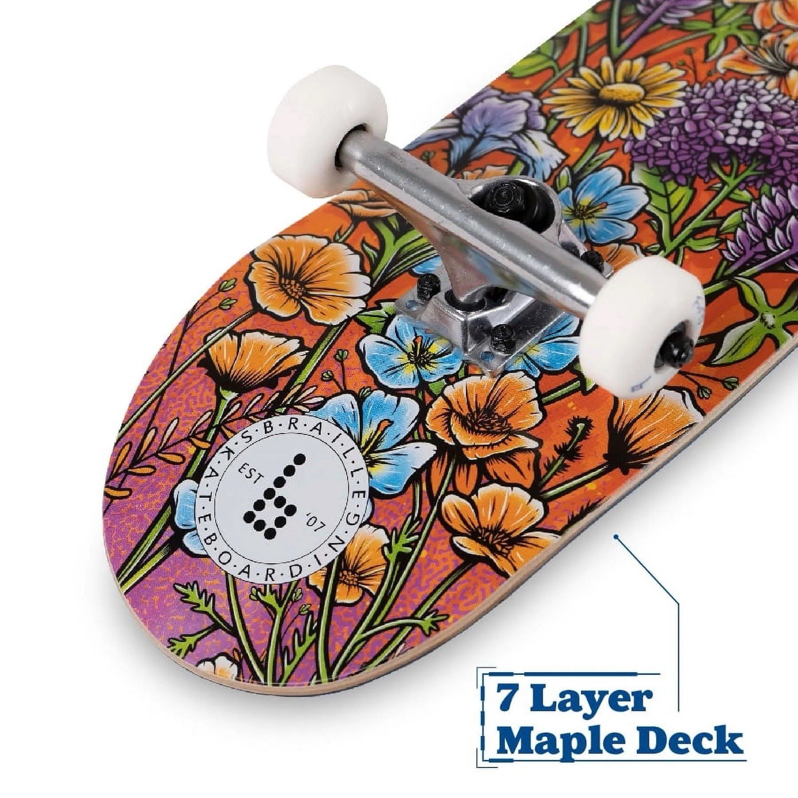 Braille Skateboard Flowers Colorful 31 In. x 7.75 In. Pro Complete Purple 💐