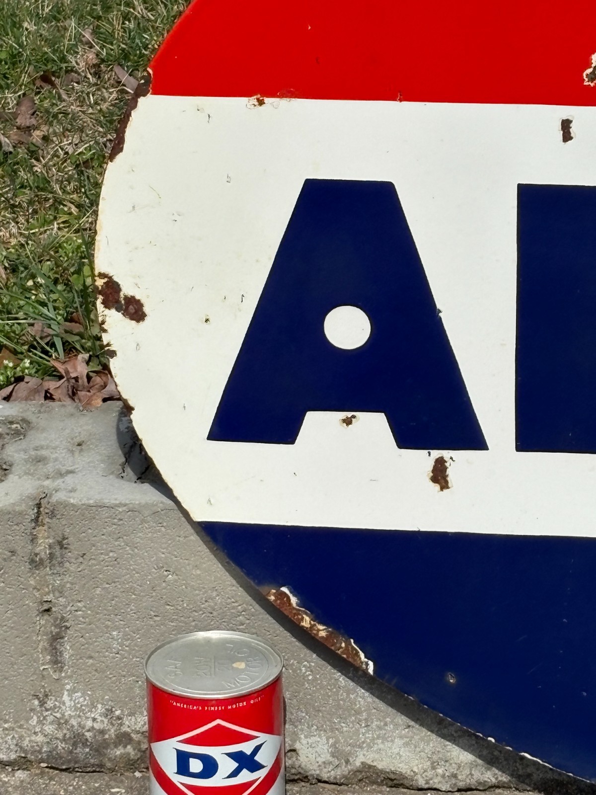 ORIGINAL 1950's "AMOCO GASOLINE" LARGE DOUBLE SIDED PORCELAIN DEALER SIGN, NICE