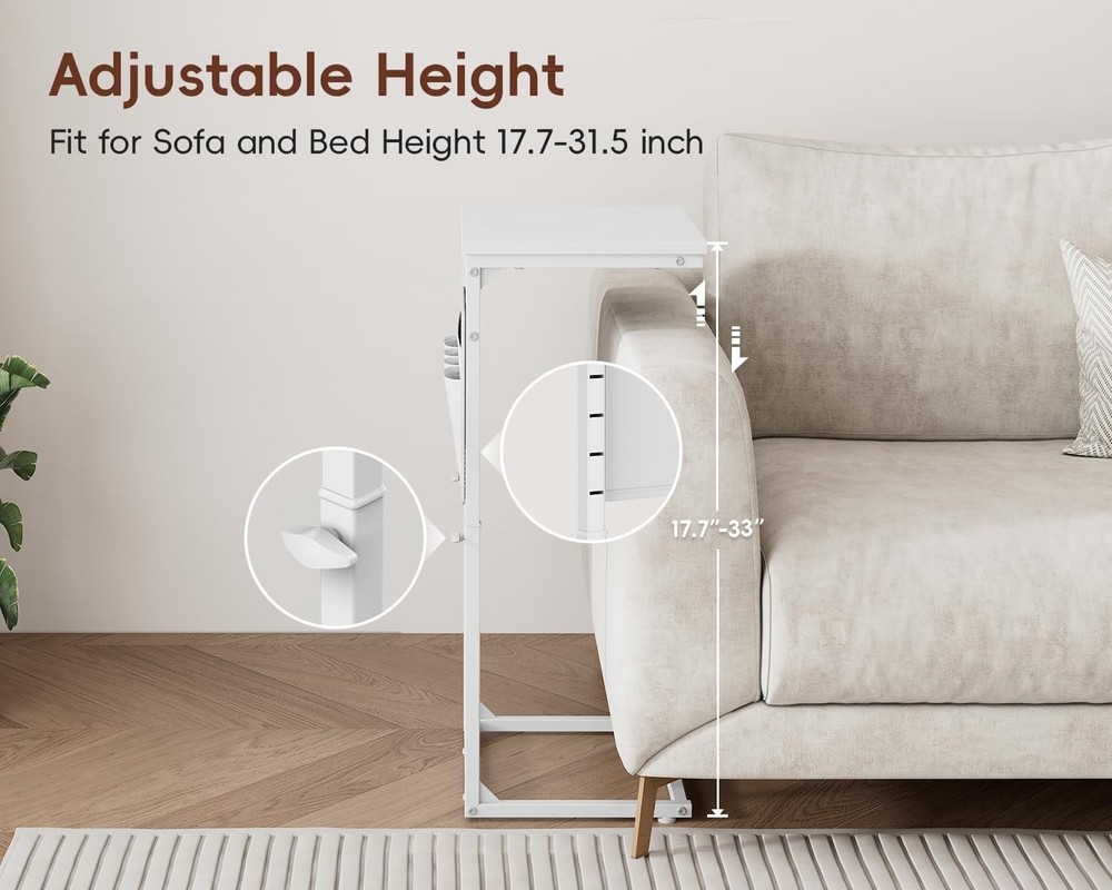 C Shaped End Table W/ Charging Station Adjustable Height Side Table Couch Sofa