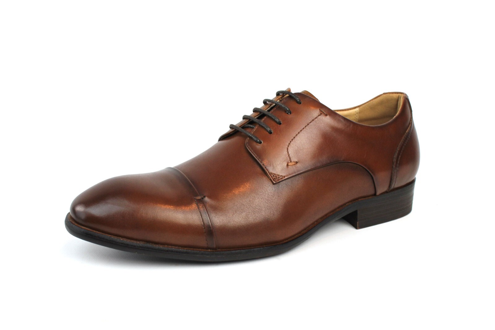 Mens Exclusive Genuine Leather Cognac Brown Lace Up Cap Toe Oxfords Dress Shoes