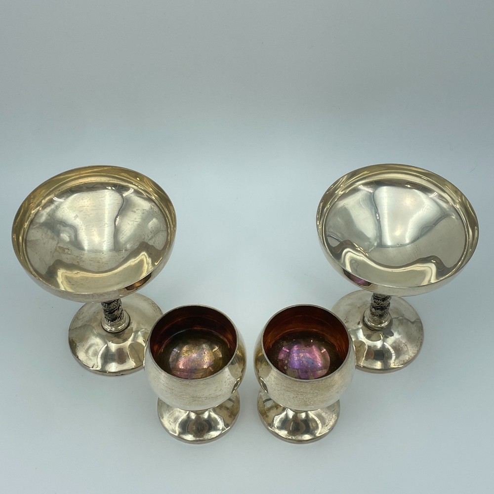 VINTAGE Silverplate Goblet Coupe Glasses Set 4 Decorative Stems 6in & 4in