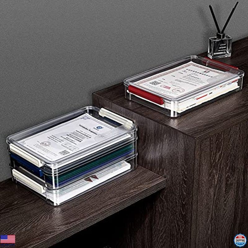 2-Pack Stackable Clear Plastic Document Storage Boxes with Lids for A4 Files