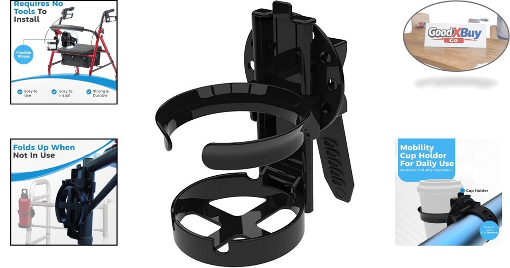 Wheelchair and Walker Cup Holder Portable Adjustable Foldable Black Plastic 7...