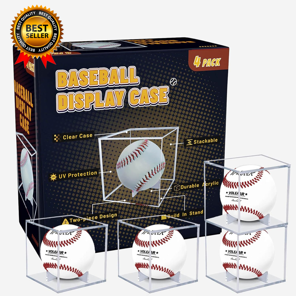 4 Pack Baseball Display Case UV Protected Acrylic Square Baseball Holder Clear