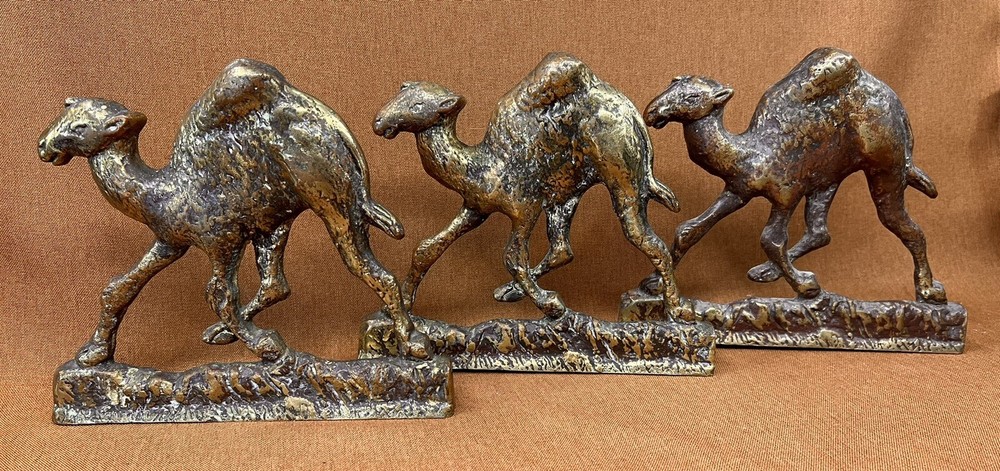 (3) Vintage / Antique Solid Brass Running Racing CAMEL Bookends ~ Orientalist