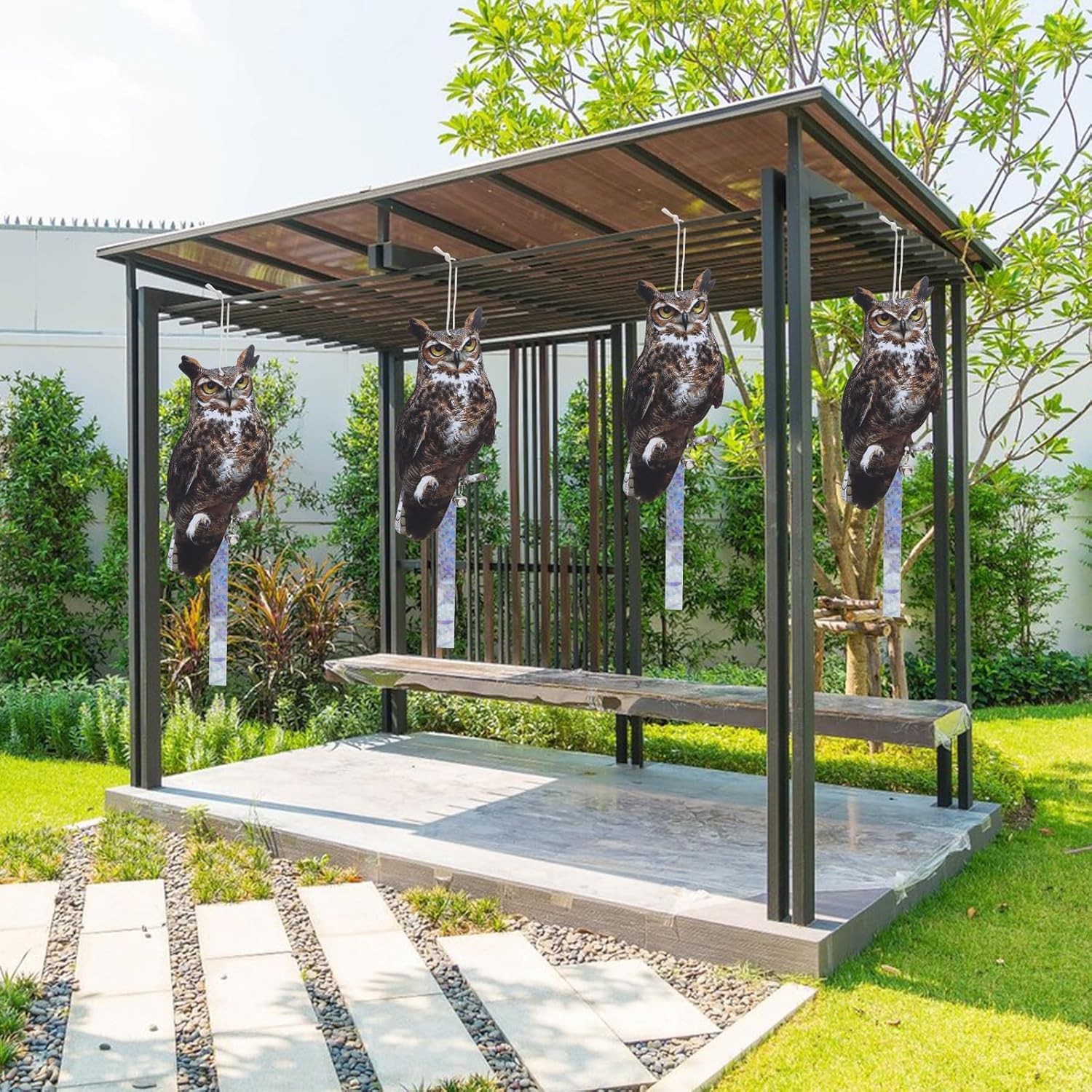 Bird Scarer, 4Pack Fake Owl Hanging to Keep Birds Away Mighty Hawks 4pcs