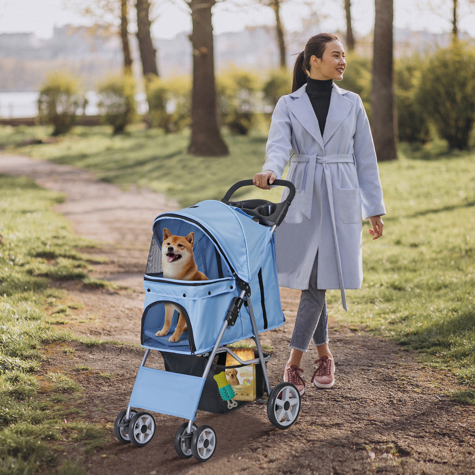 4 Wheels Pet Stroller Portable Dog Stroller w/ Storage Basket & Cup Holder Blue