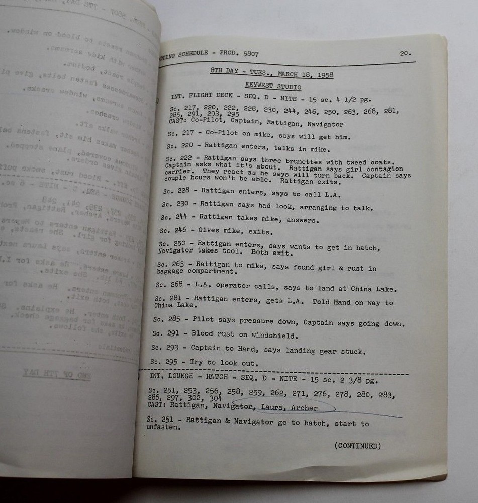 SPACE MASTER X-7 / 1958 SHOOTING SCHEDULE used by Actress Lyn Thomas, Sci Fi