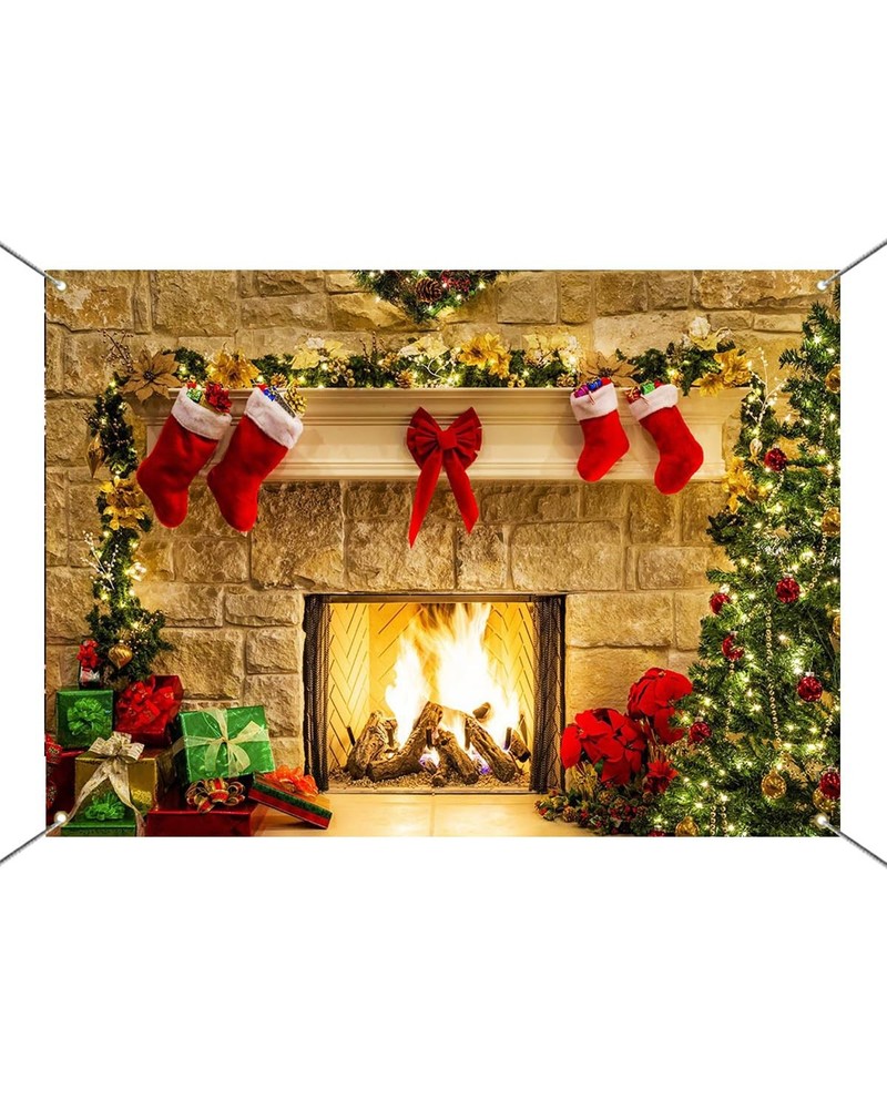 Mocsicka Christmas Fireplace Backdrop 7x5ft, Red, Polyester Red