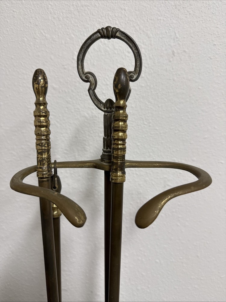 Vintage Solid Brass Fireplace Tool Set – Complete 4-Piece Hearth Set Nice Patina