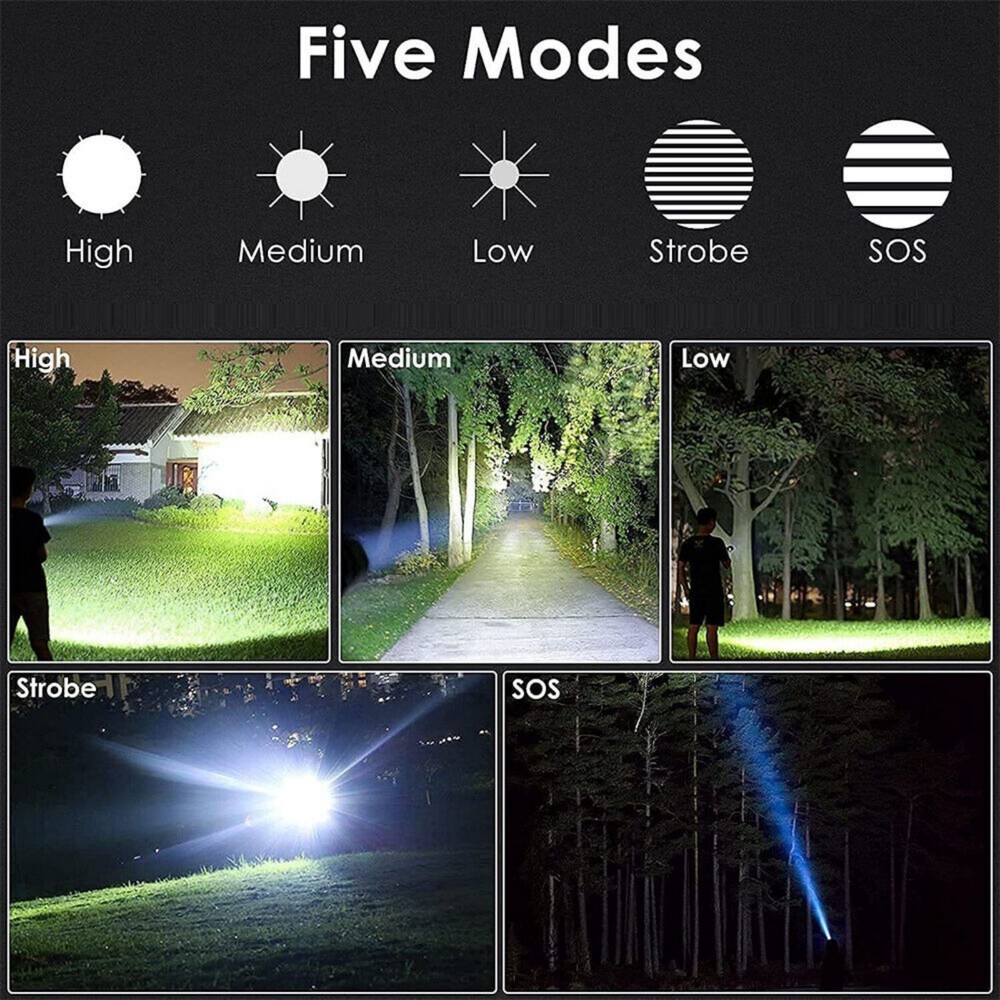 Super Bright LED Flashlight Tactical Rechargeable Work Lights Waterproof