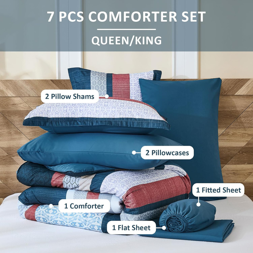 Blue Comforter Set King Size,Boho Striped Bedding Sets Bed in a Bag,7 Pieces Sof