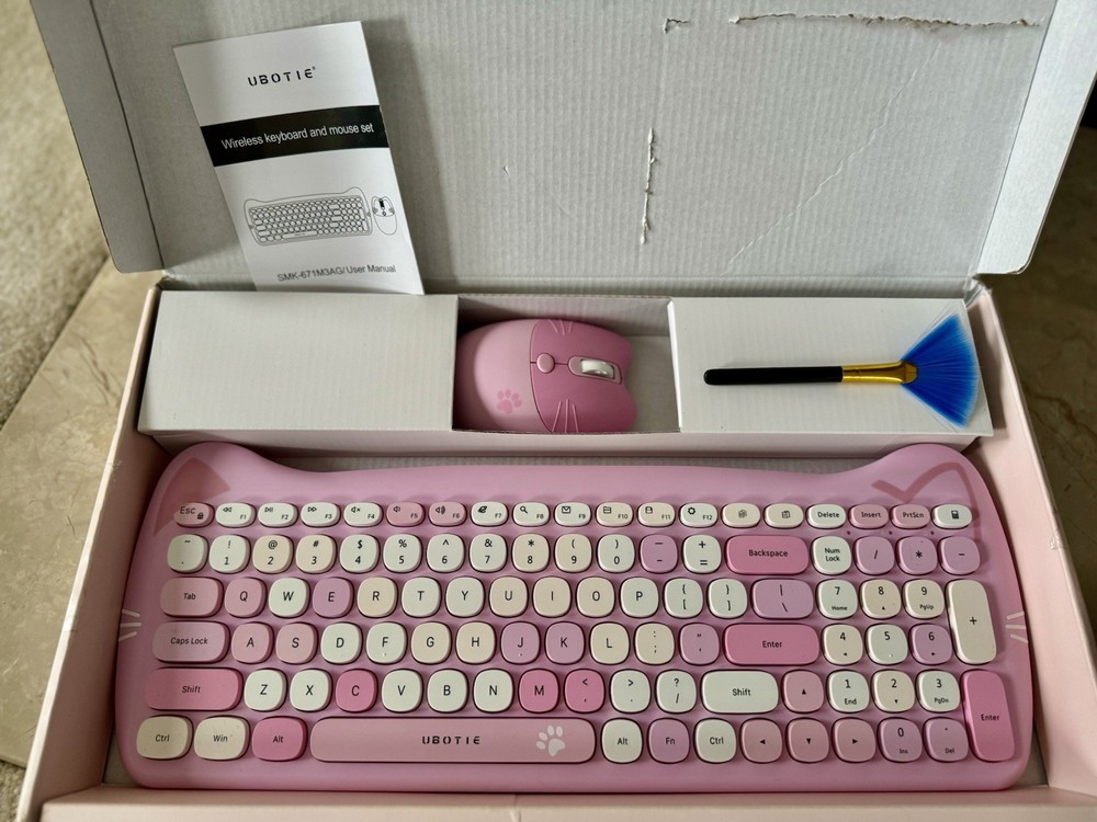 Open Box Ubotie Pink Cat Wireless Keyboard & Mouse Set See Notes