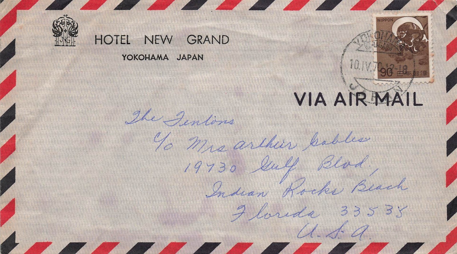 Japan Hotel New Grand Yokohama Airmail Cover to Indian Rocks Beach Florida CV05