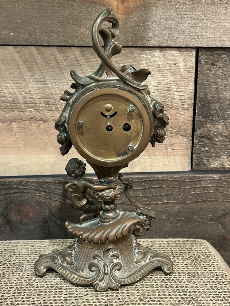 ANTIQUE BRONZE CHERUB ANSONIA VANITY CLOCK