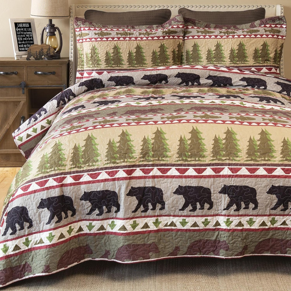 Rustic Bear Stripe Microfiber Quilt Set - 3-Piece Full/Queen Bedding