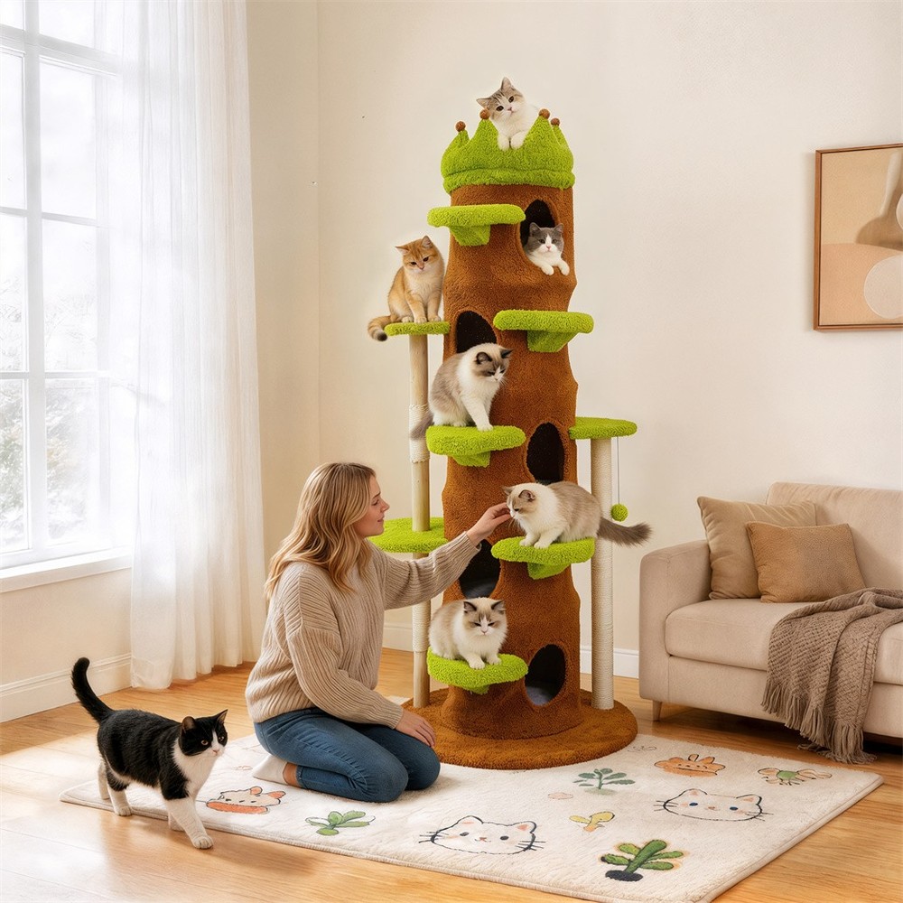 73.62” Tall Cat Tree Crown Perch Cat Activity Tower Play House Scratching Post