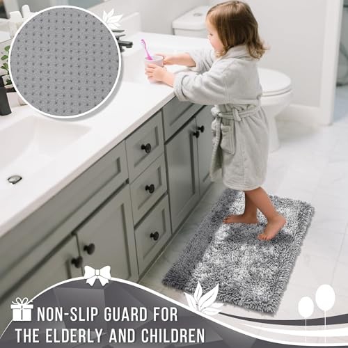 Chenille Bathroom Rugs Non Slip, Extra Solid 24" x 17" Rectangular Light Grey