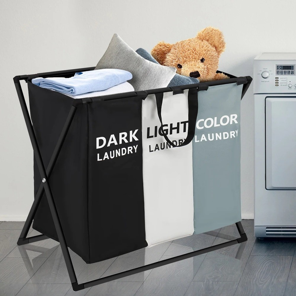 Foldable 3 Section Divided Large Laundry Hamper Basket for Dirty Clothes Storage