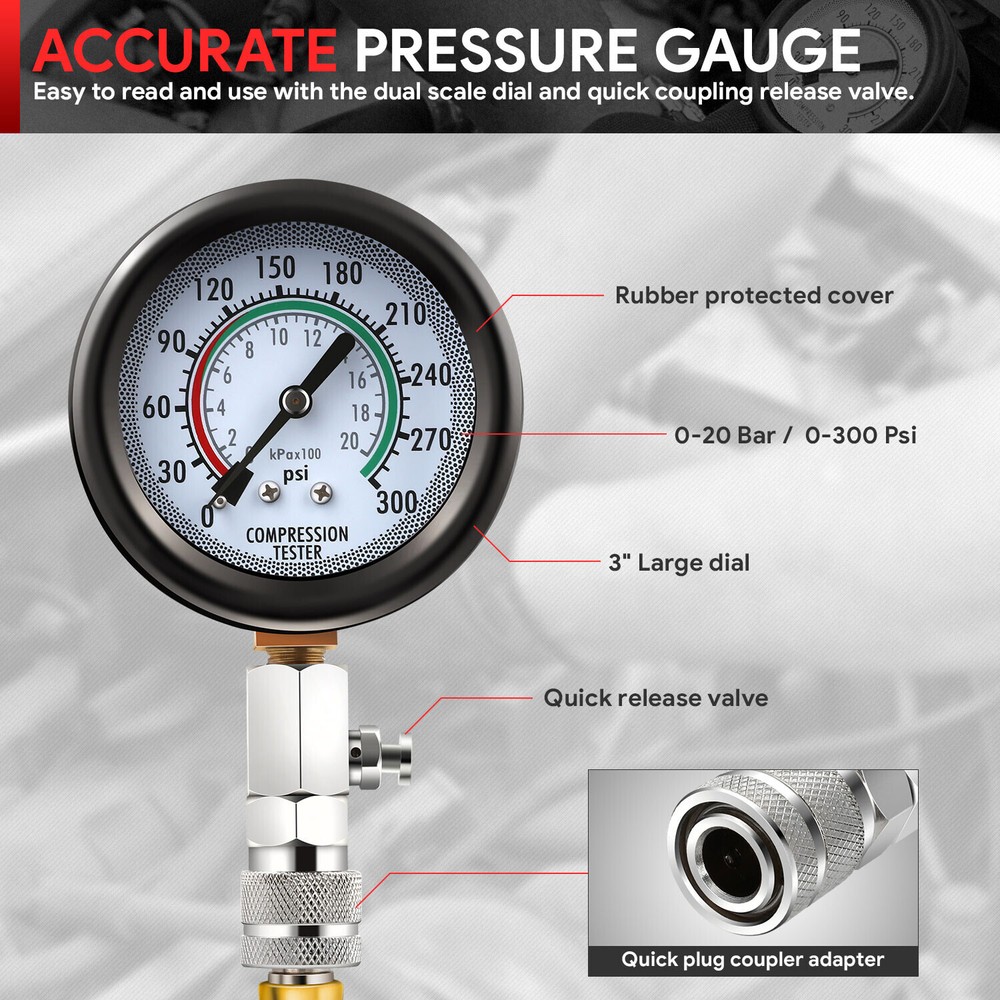 Gasoline Engine Gauge Compression Tester Tool Kit for Auto Car Motorcycle 8Pcs