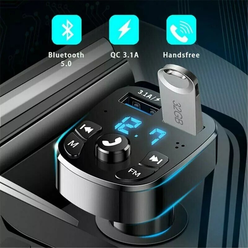 Bluetooth 5.0 Car Wireless FM Transmitter Adapter 2USB PD Charger AUX Hands-Free