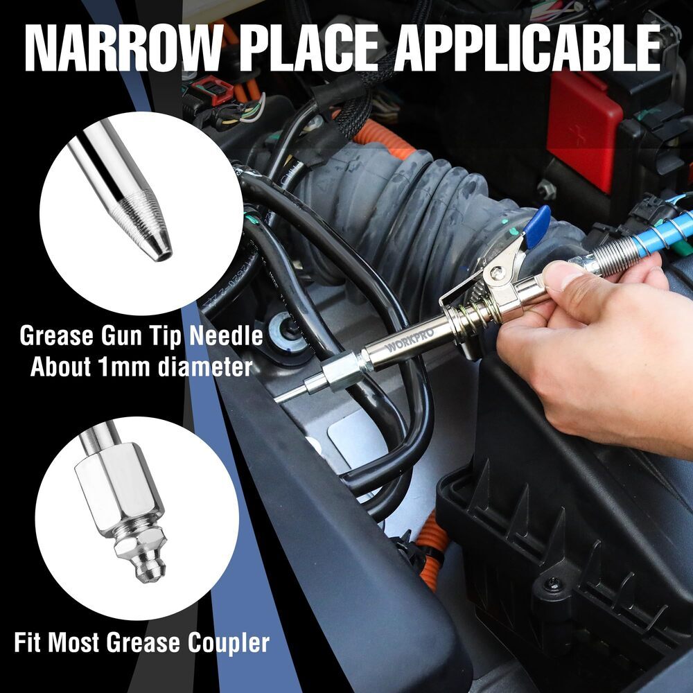 WORKPRO Grease Gun Coupler Set 6PCS Quick Release Grease Needles&12" Grease Hose