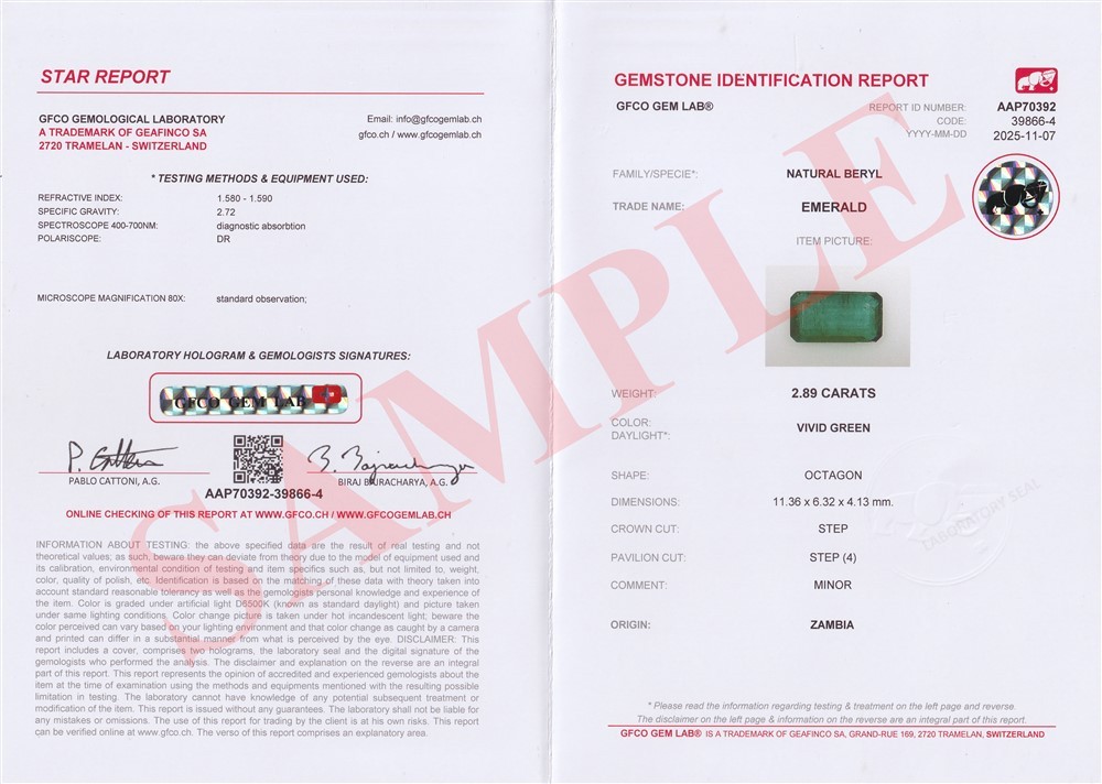GFCO GEM LAB® Swiss Gem Certificate – Professional Gemological Full Certificate