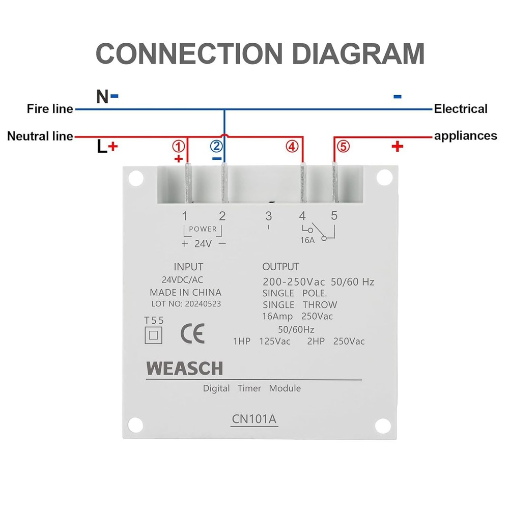 Weasch Timer Switch, CN101A, DC/AC 24V 16Amp, Digital LCD Power Gray