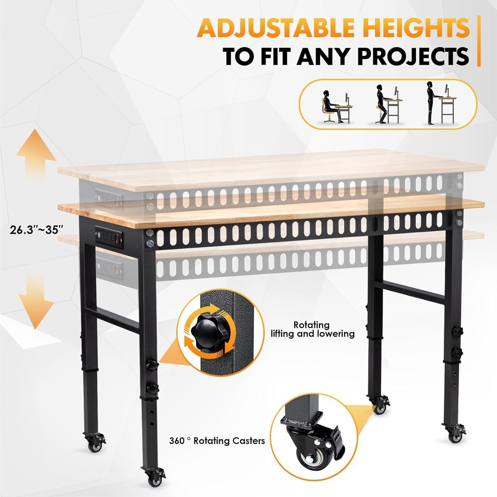 Eco-Friendly Rubber Wood Workbench with 2000 LBS Capacity - Adjustable & Mobile