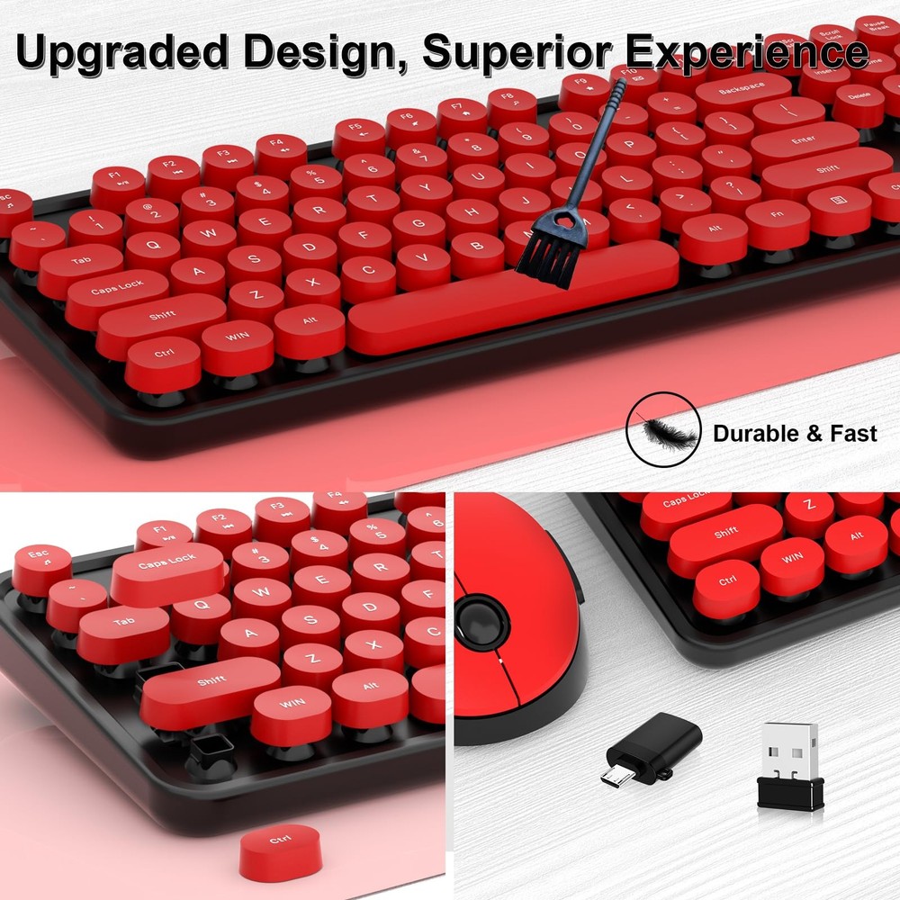 Wireless Keyboard, Mouse, Retro Typewriter, Round Keycaps, Black, Red, Full-Size