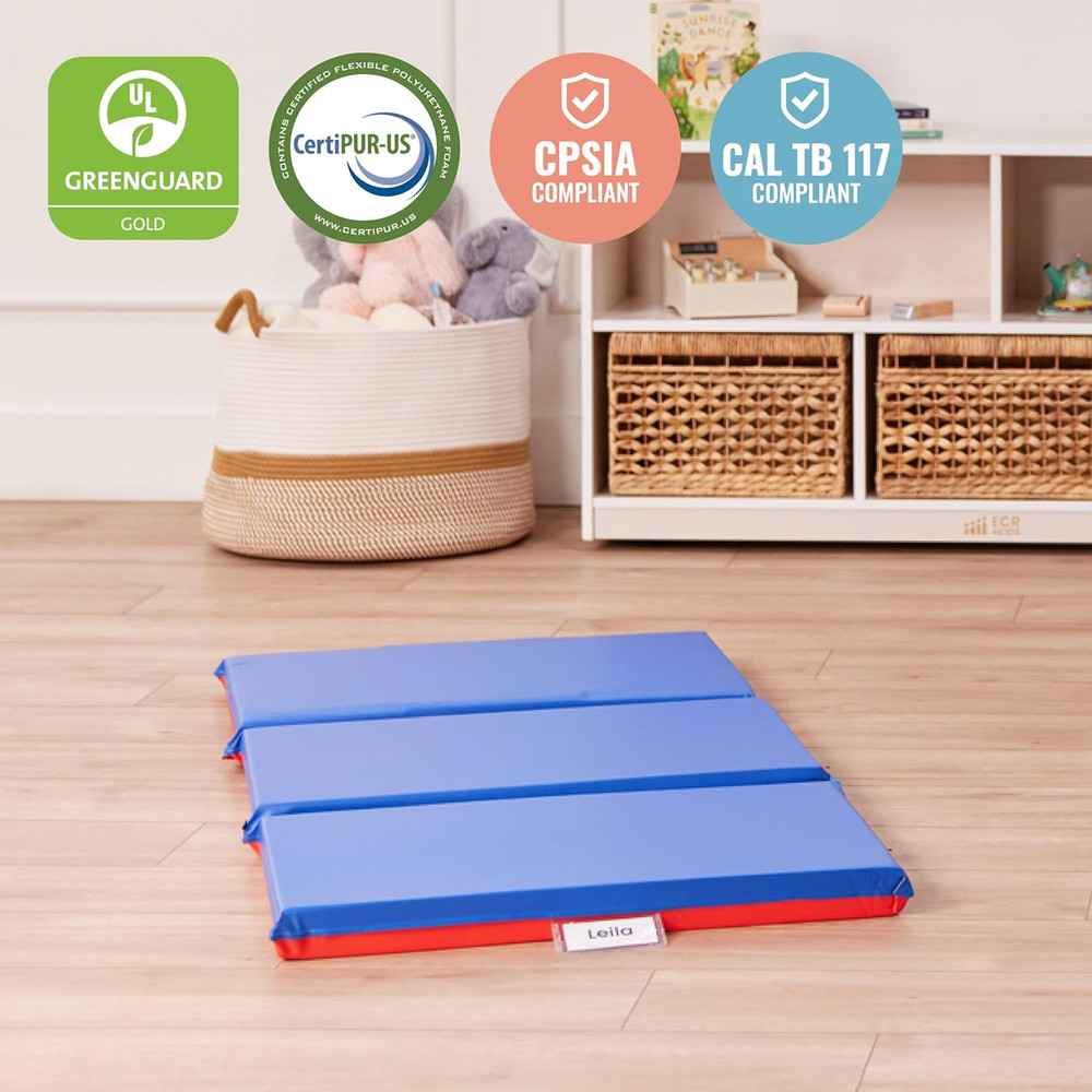 Premium Folding Rest Mat, 3-Section, 2In, Sleeping Pad, Blue/Red