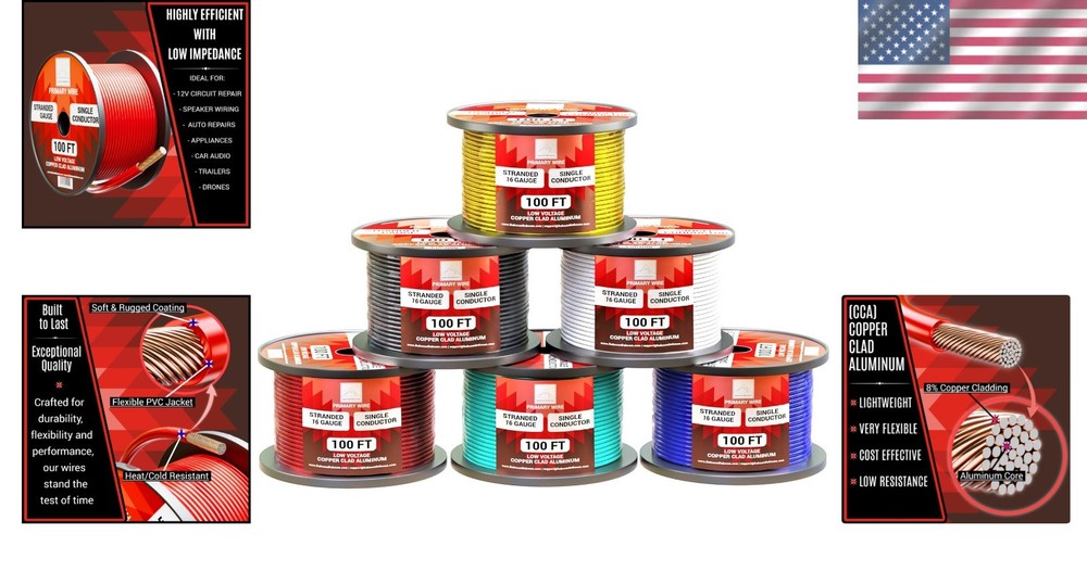 16 Gauge Wire Combo - 6 Pack 100ft Rolls for Automotive & Electrical Projects