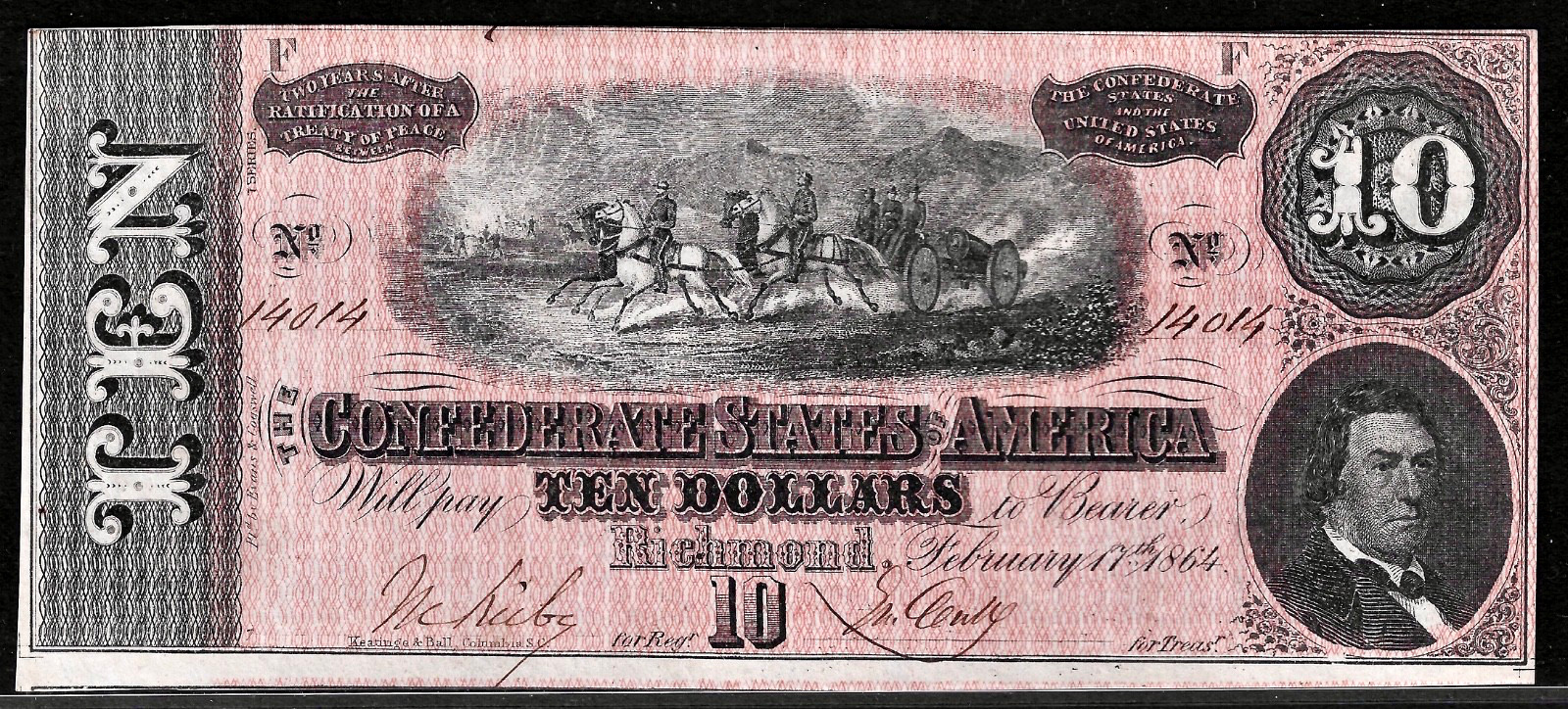 1864 CSA CONFEDERATE STATES AMERICA CURRENCY $10 Dollar Note S/N 14014 T-68