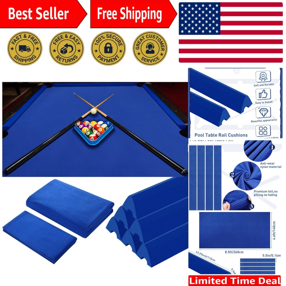 All-in-One Blue Billiard Cloth Replacement Kit for 8 ft Pool Tables - Fast Setup